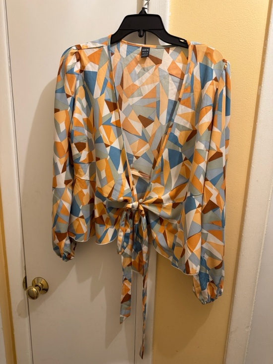 SHEIN Tops - SHEIN Geometric Tie-Front Blouse in Orange, Blue & Cream